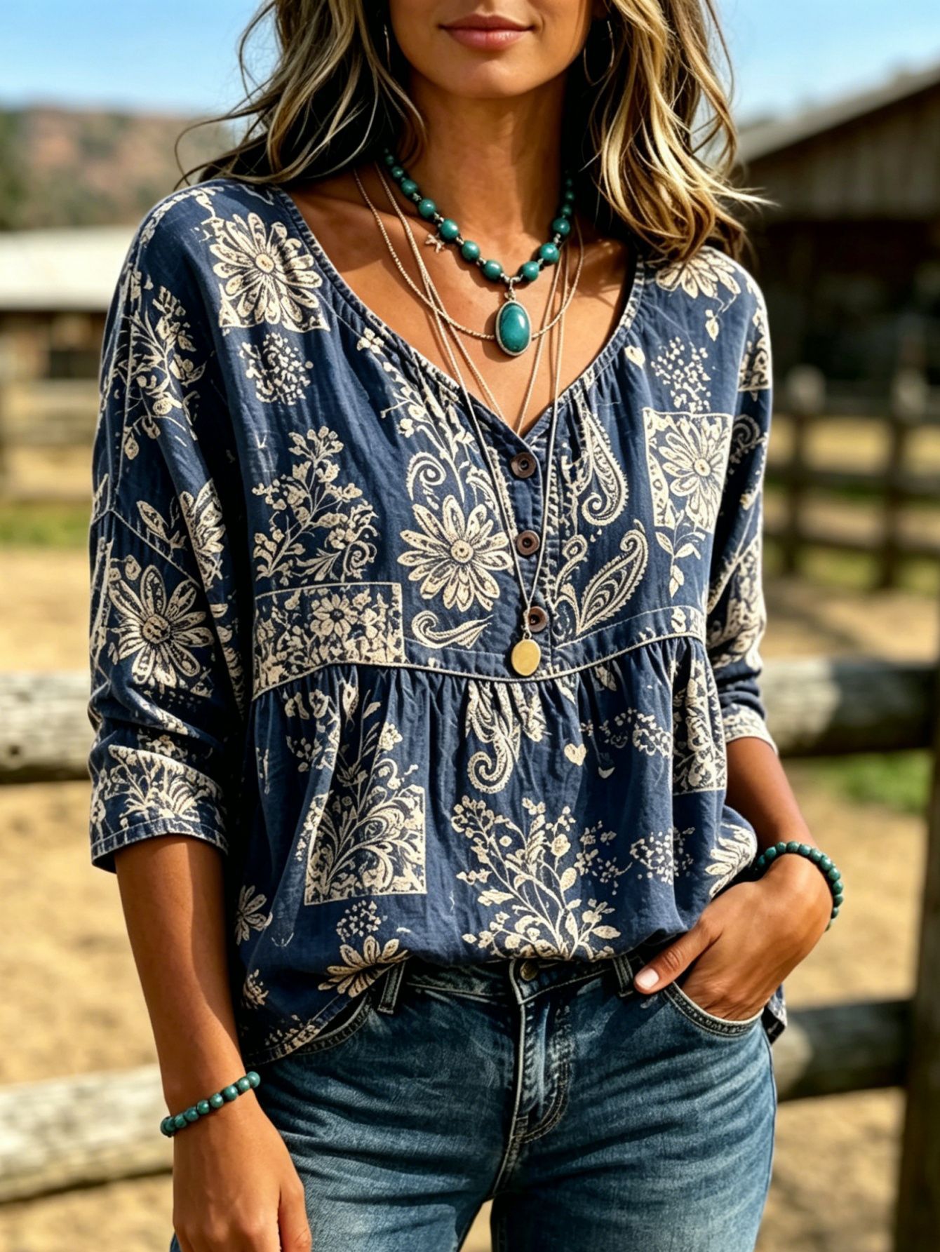2026 Independent Station Summer Women's Button Ethnic Floral Print Three-Quarter Sleeve Shirt