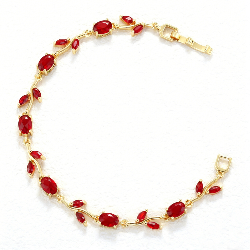 Copper Inlaid Colorful Diamond Branch and Petal Bracelet Leaf Tulip Layered Hand Jewelry