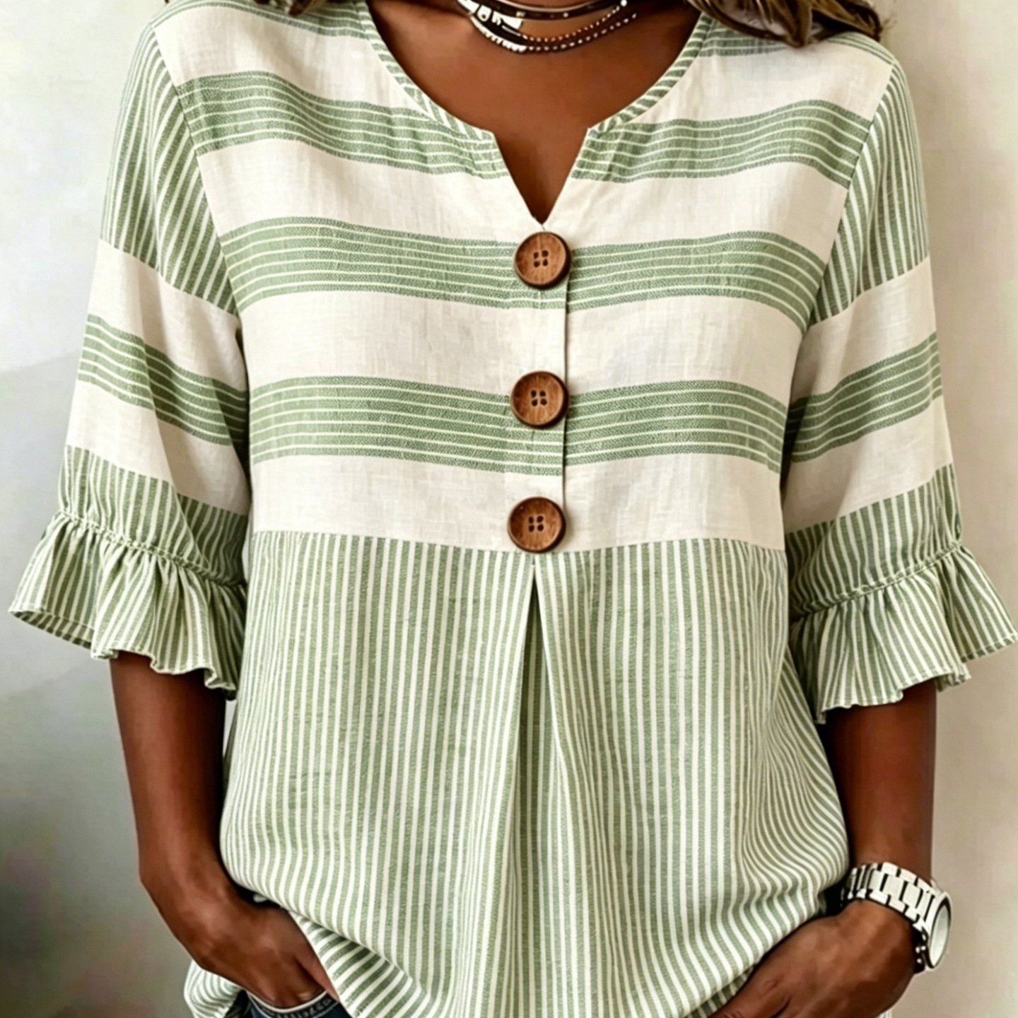 2026 Independent Station Summer New Plaid Striped Print Half Sleeve Button Top