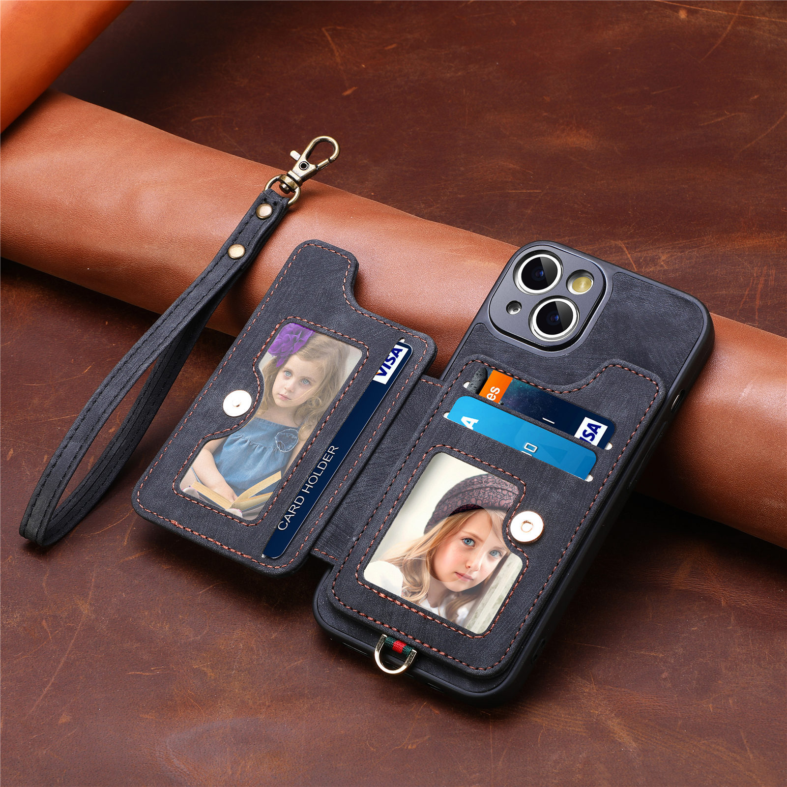 For iPhone18 phone leather case RFID anti-skimming ring buckle lanyard multifunctional card holder Apple phone