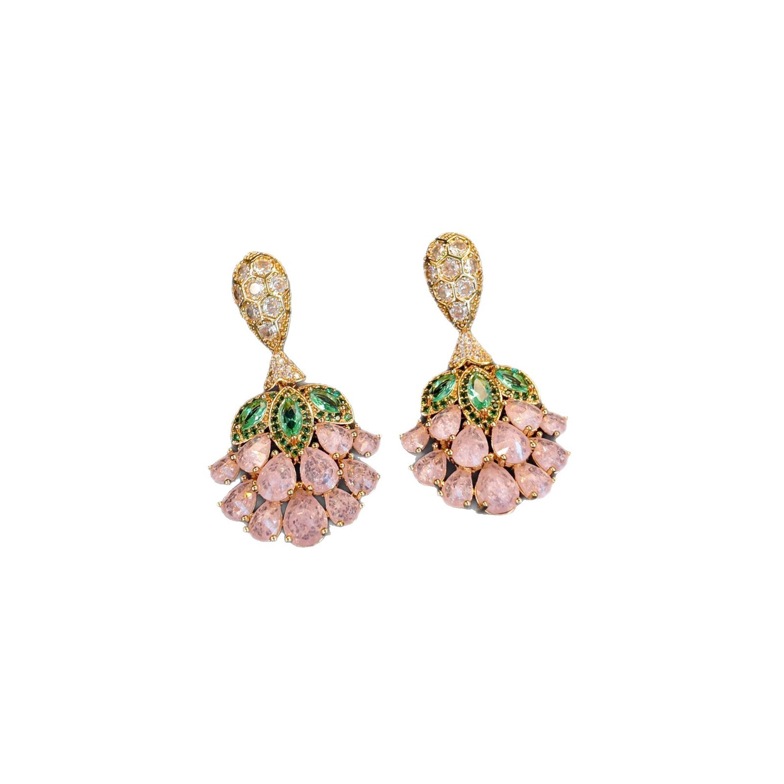 Copper inlaid zircon green leaf pink drop petal scallop flower earring women's accessories