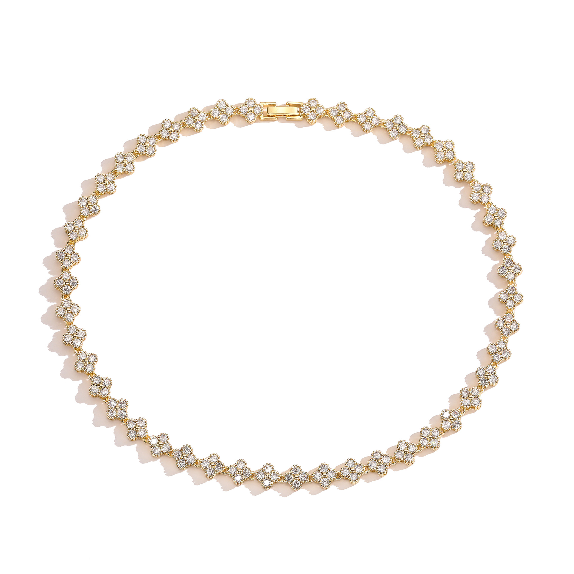 HECHENG Jewelry Copper Plated 18K Gold Inlaid Colorful Diamond Flower Bracelet, Necklace Sweet Four-Leaf Clover Jewelry Set