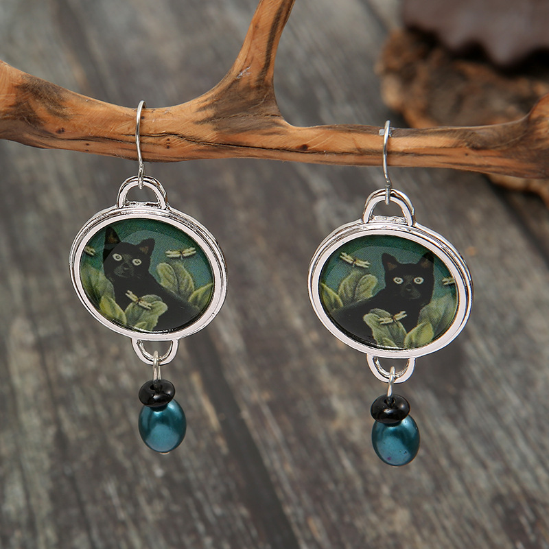 New Palace Cat Flower Earrings Women Round Earrings Spliced Green Pearl Pendant
