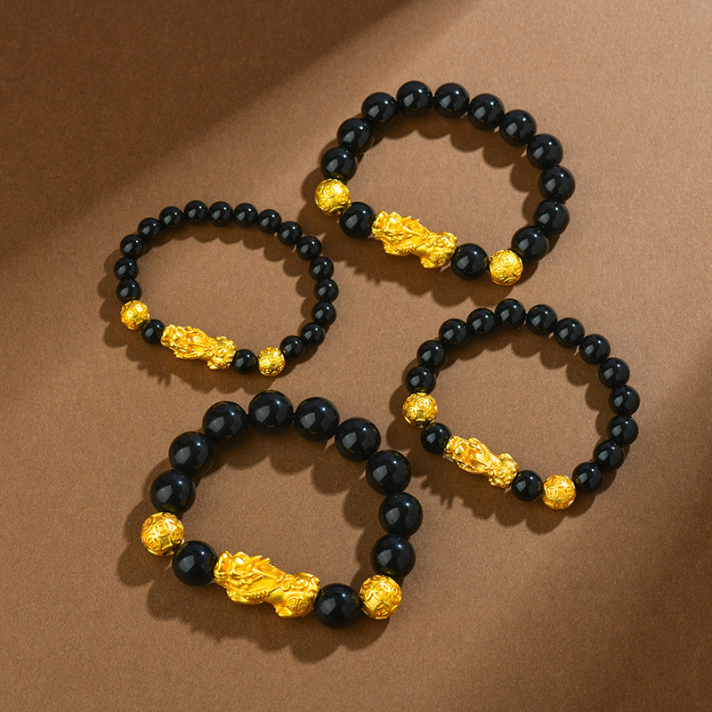 Natural Obsidian Sand Gold Pixiu Bracelet Money Beads Unisex Couple Bracelet Copper Plated Leather