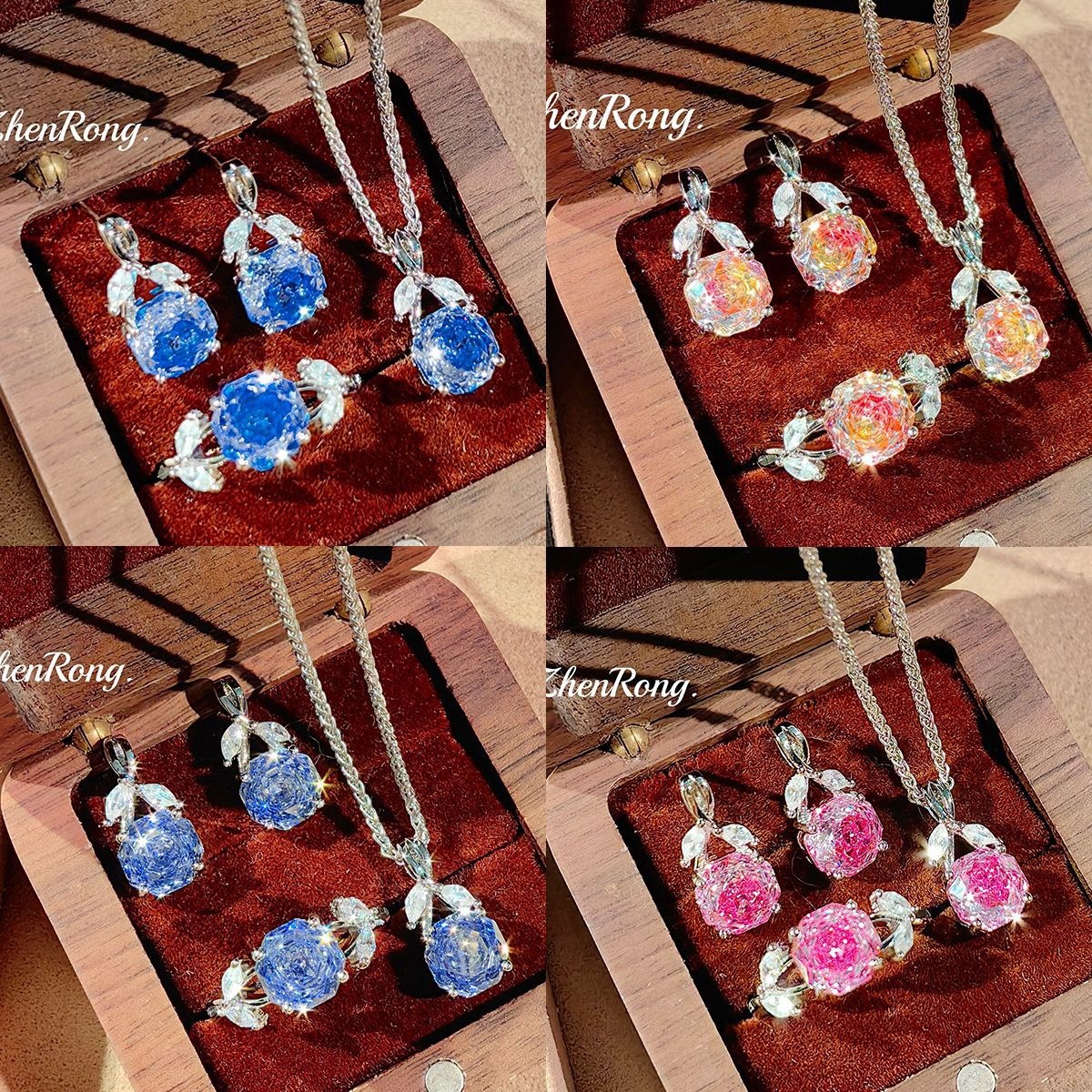 Octagonal millennium rose cut Klein blue necklace pendant inlaid rose red high carbon diamond earrings炫彩 yellow ring women