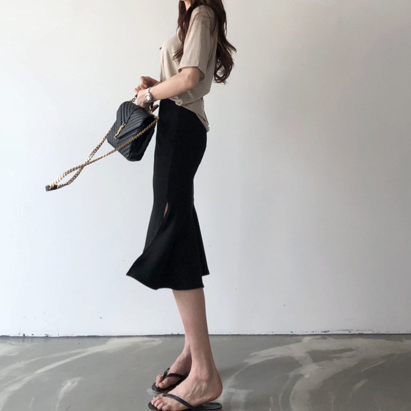 XIAOZHI~ Black Fishtail Skirt Pencil Skirt Midi Skirt Women's Spring Autumn High-Waist Irregular Niche