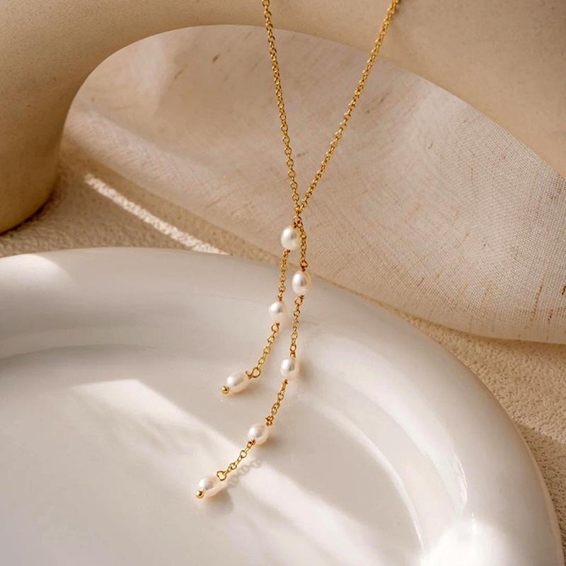 Rongshang Imitation Pearl Tassel Y-Shaped Chain Beaded Thin Chain Lasso Necklace Elegant Neck Ornament Accessory