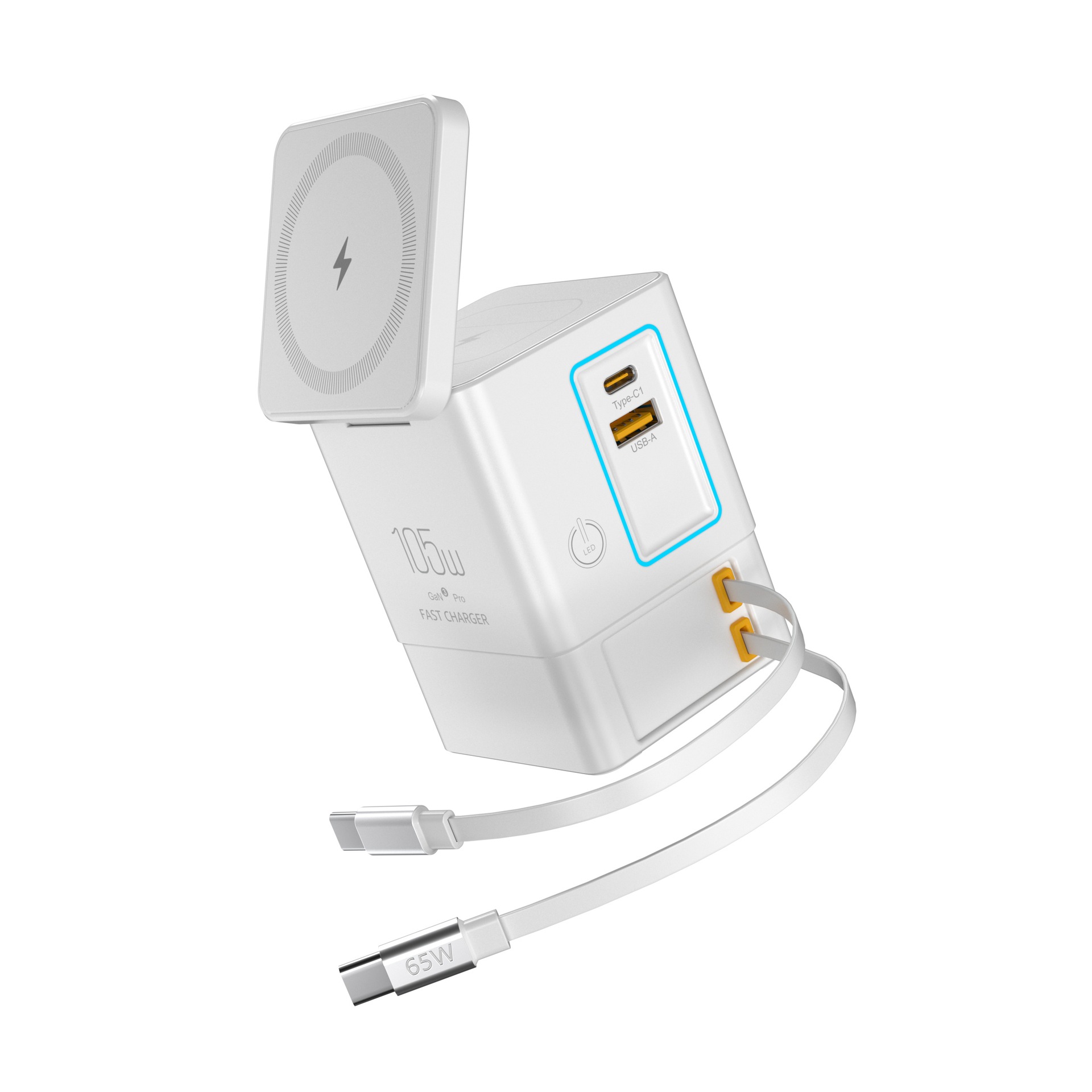 105W Multi-Function Magnetic Wireless GaN Charger 3-in-1 Dual Retractable Cable Dual Wireless Desktop Charging Station