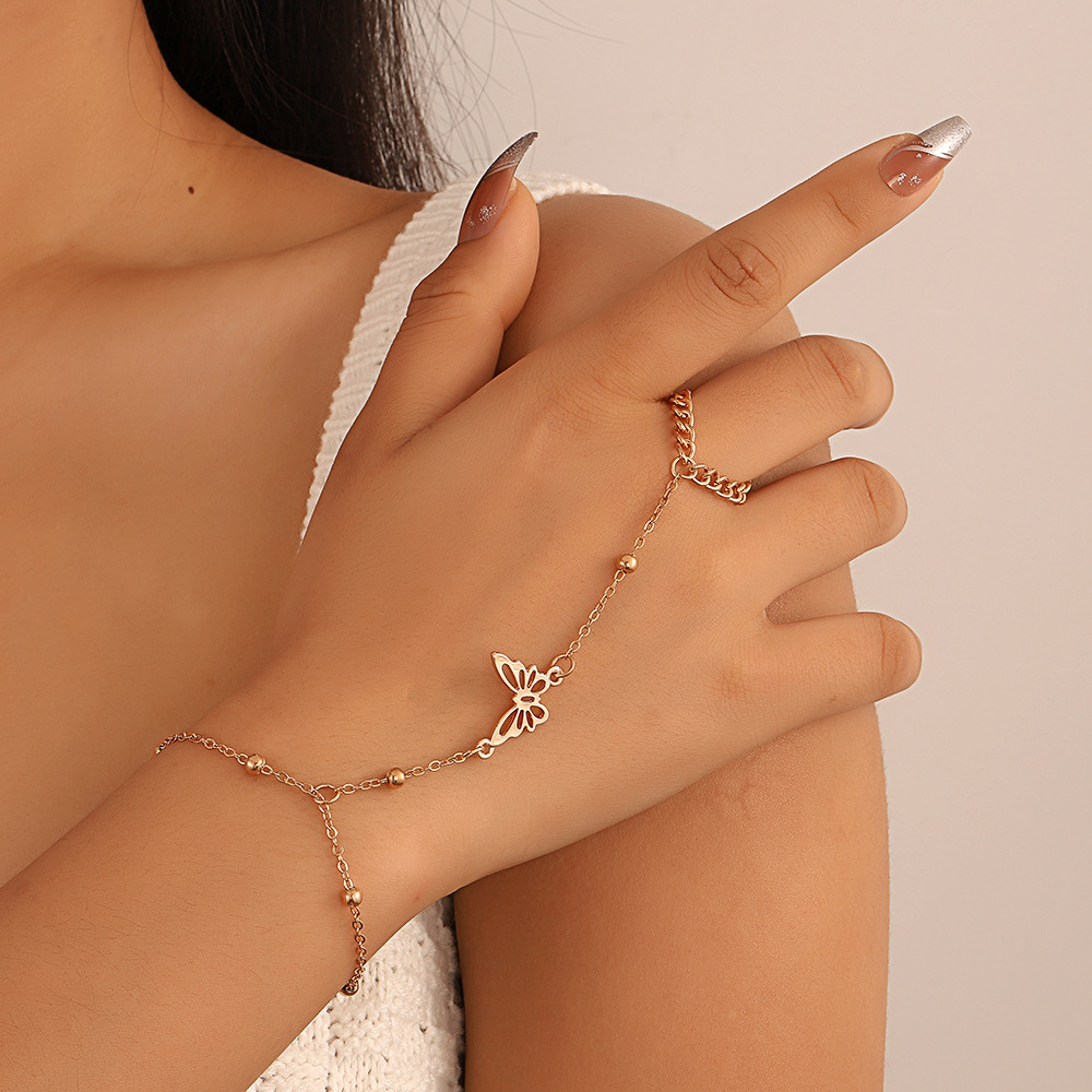 Chain Ring Bracelet Butterfly Heart Pearl Connected Finger Ring Hip Hop Exaggerated One-Piece Hand Jewelry