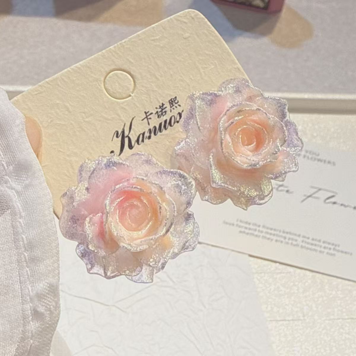 Rose Flowing Light Oil Painting Style Earrings Fine Gradient Rose Flower Stud Earrings Ear Accessories