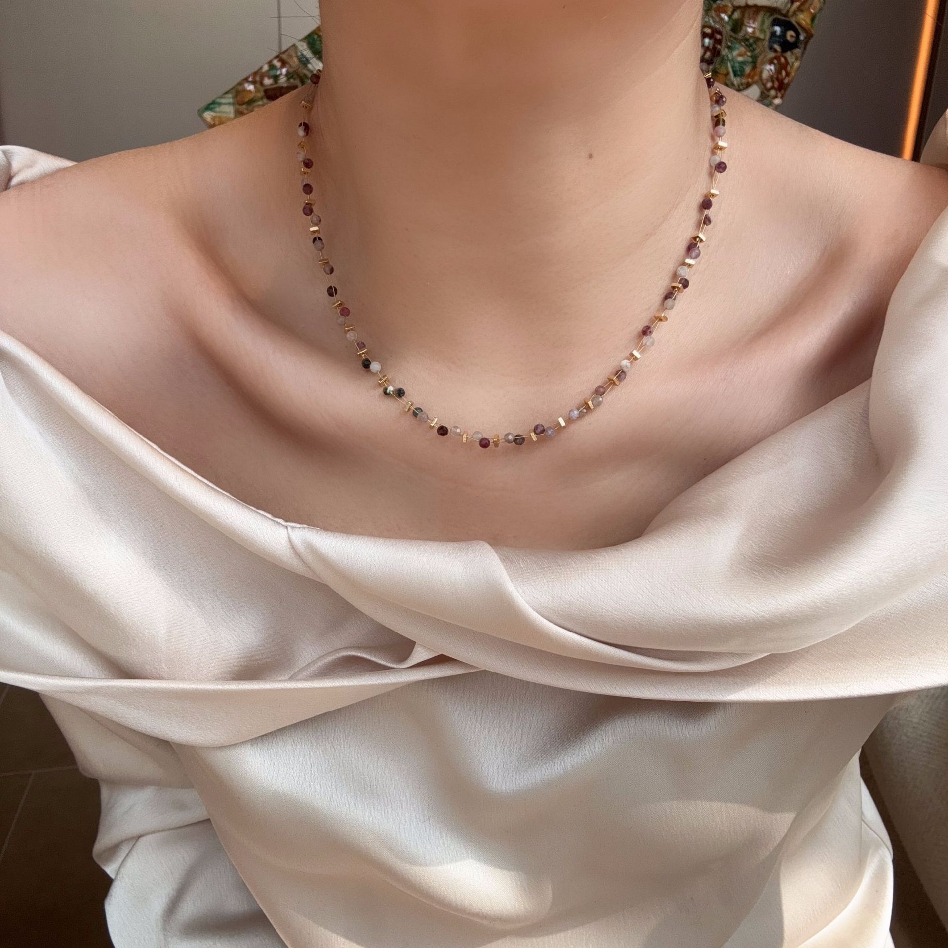 Yuanyou natural tourmaline colorful bead necklace women's spring summer dopamine collarbone chain simple