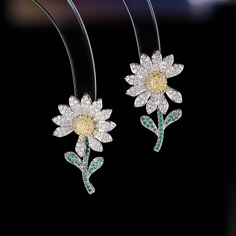 Zircon-Inlaid Daisy Sunflower Earrings Necklace Ring Jewelry Set Niche Clavicle Chain for Women