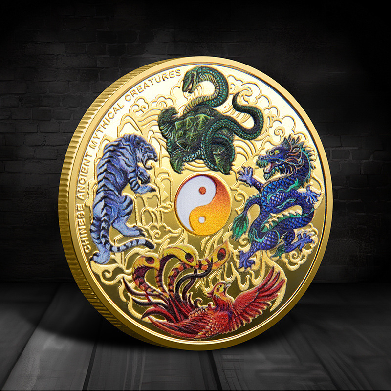 Colorful Four Divine Beasts Commemorative Medal Dragon and Tiger Fight 3D Relief Chinese Style Metal Commemorative Coin