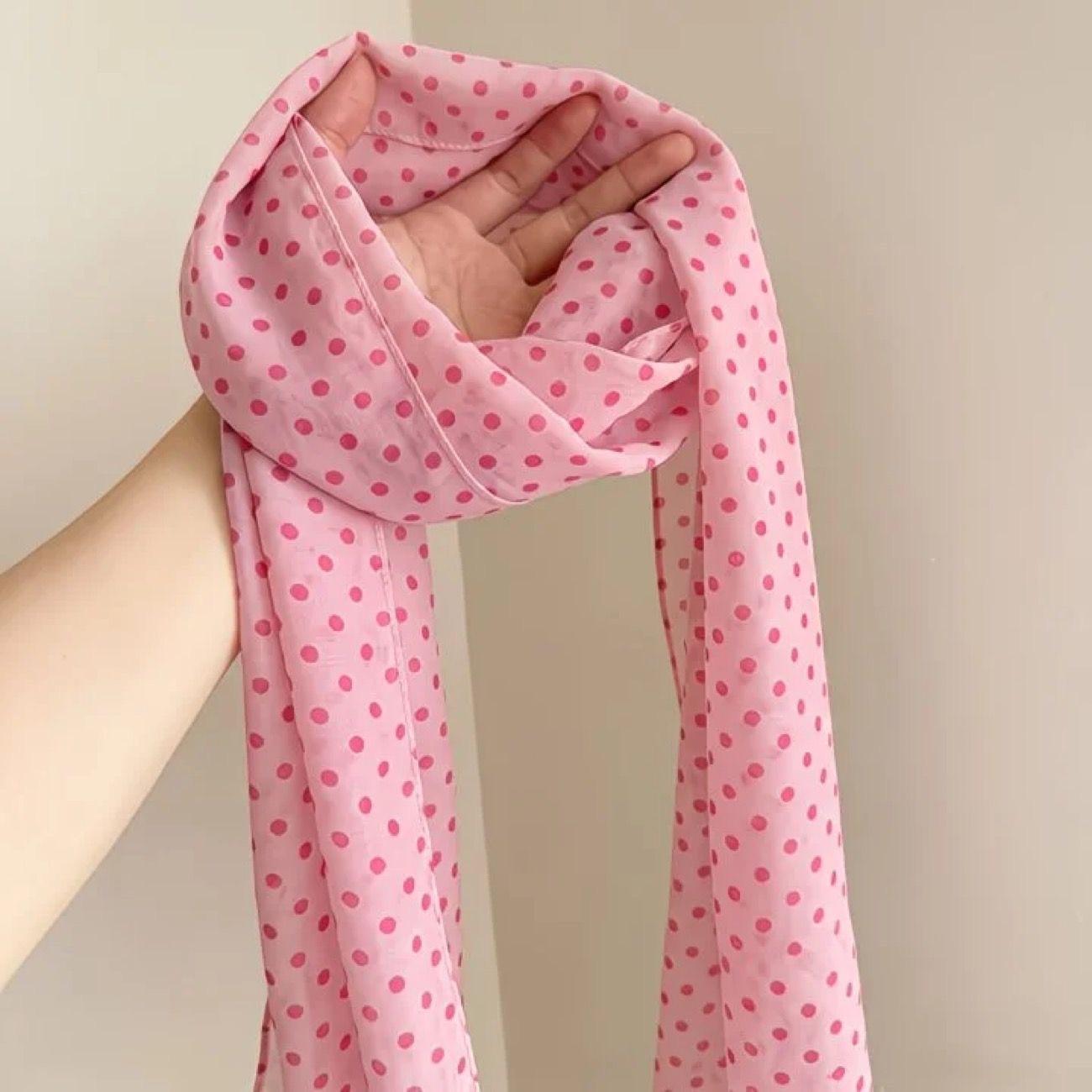 Gentle pink polka dot silk scarf for women minimalist eye-catching thin necktie neck accessory floating hair tie