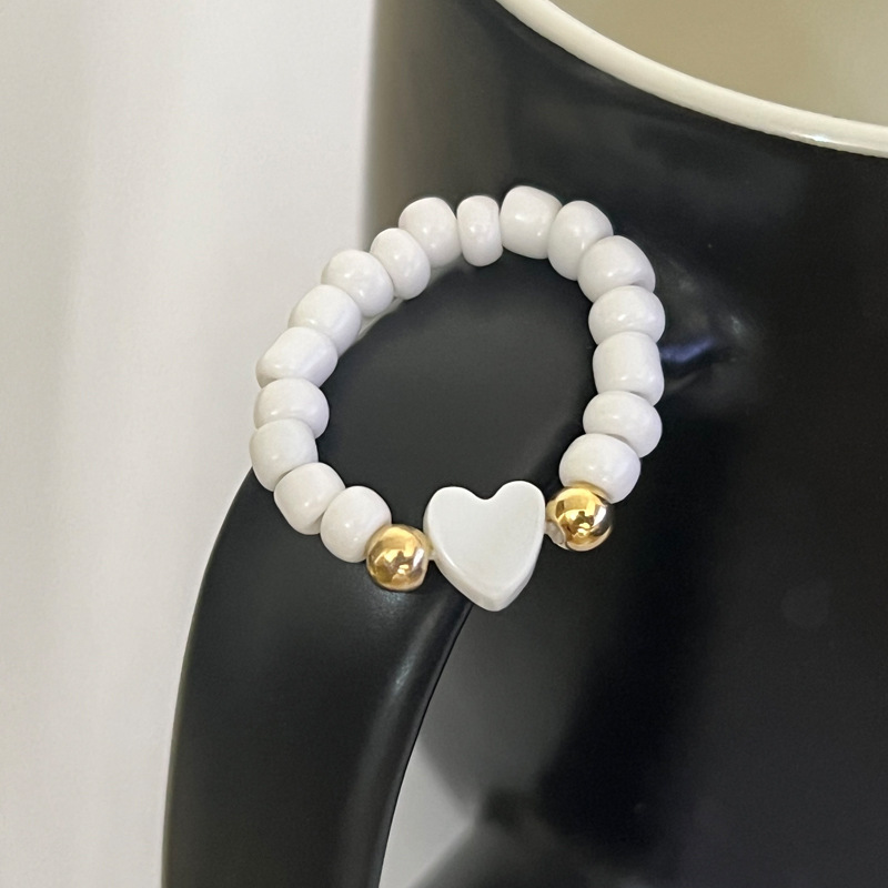 Rongshang Handmade Beaded Ring White Rice Bead Shell Love Heart Five-Pointed Star Ring for Women Accessory