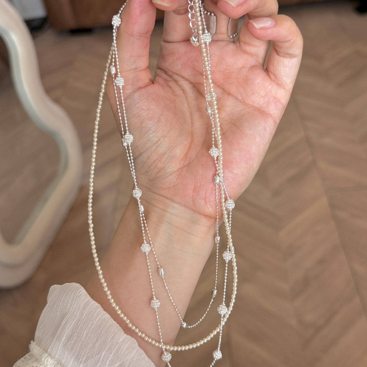 Moonlight three layers multi-layer stacking pearl ball necklace gentle wind锁骨 chain