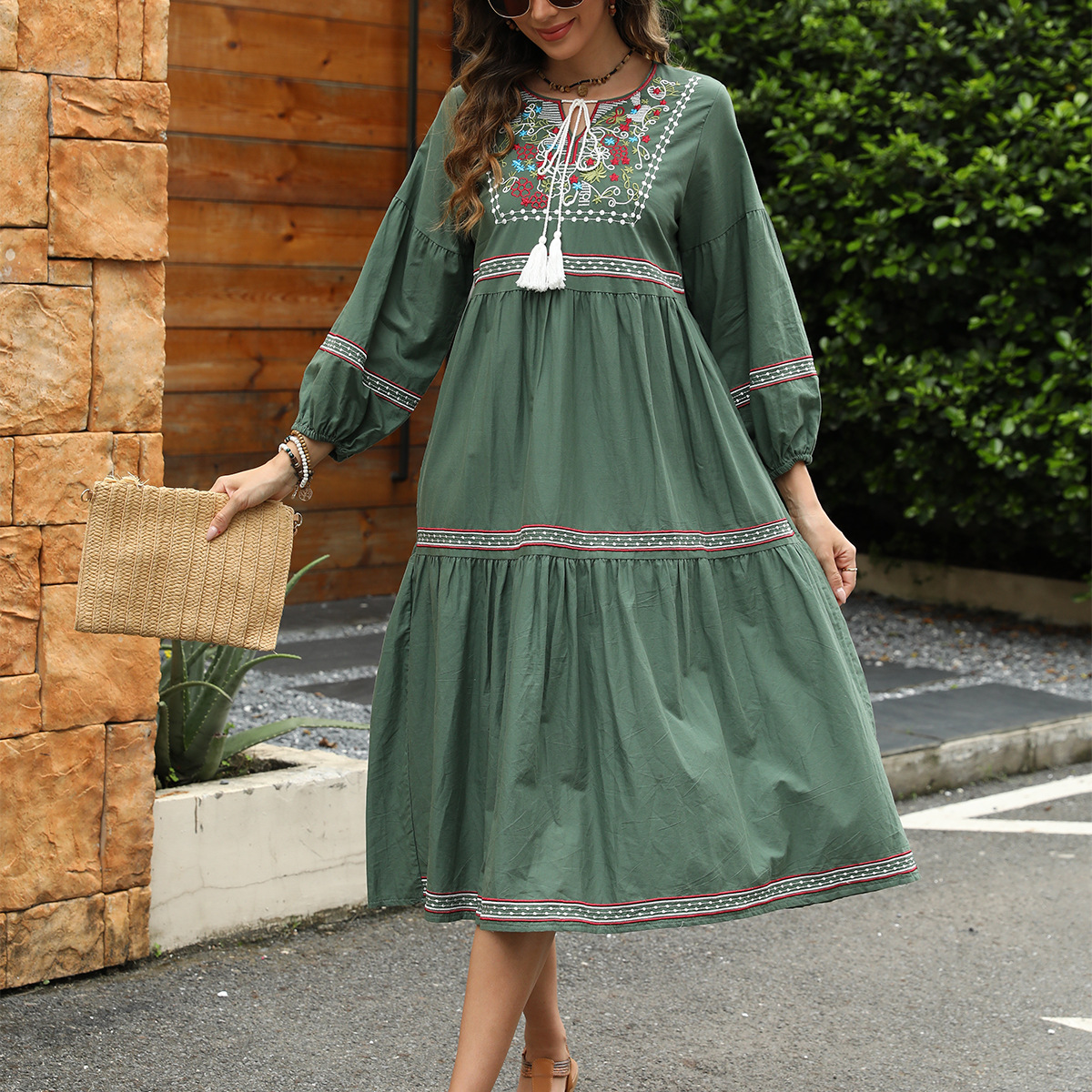 Cotton-linen long sleeve ethnic style lantern sleeve loose A-line belly-covering mid-length dress #793