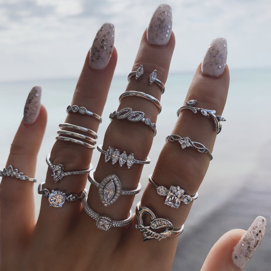 Beauty Head Coin Gold Cross Pattern Love Heart Fatima's Hand Ring 15-Piece Set