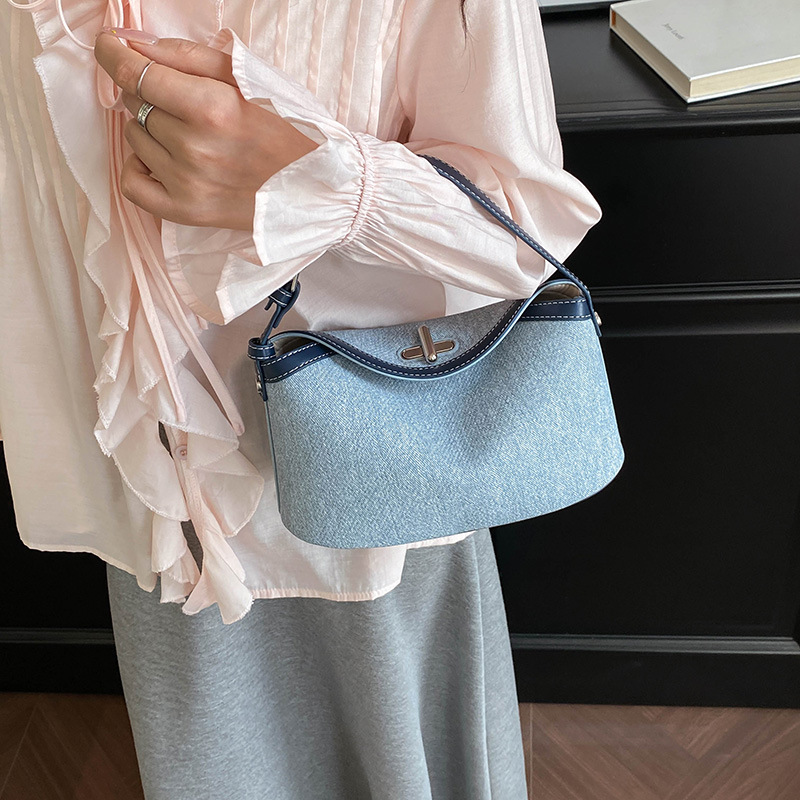2026 New Washed Denim Curling Bag Cross Lock Underarm Crossbody Bag Two-Piece Set Handbag Cosmetic Bag