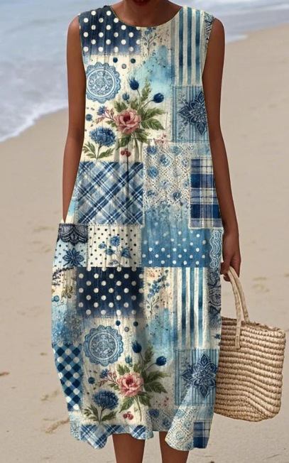 2026 New Sleeveless Printed Dress Beach Vacation Loose Mid Length Round Neck Dress Seaside Vacation Dress