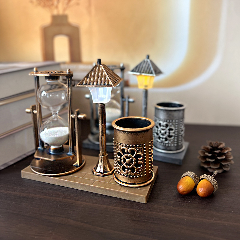 Antique Flowing Sand Street Lamp Pen Holder Student Gift White Sand Hourglass Color-Changing Night Light Ornament