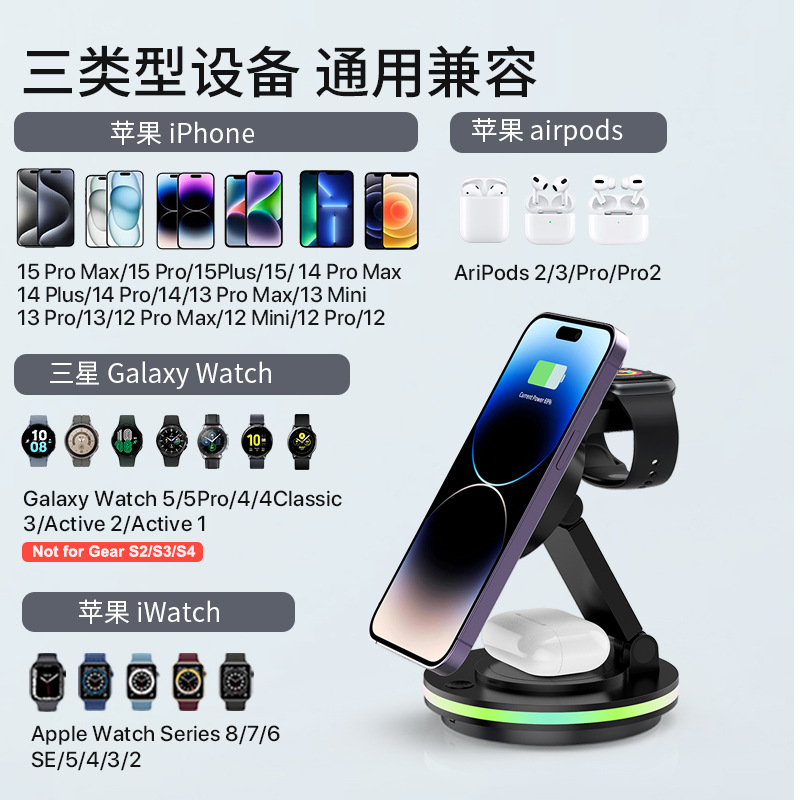 Magnetic Four-in-One Fast Charging 180° Rotating Phone Watch Wireless Desktop Stand Charger Charging Multifunctional