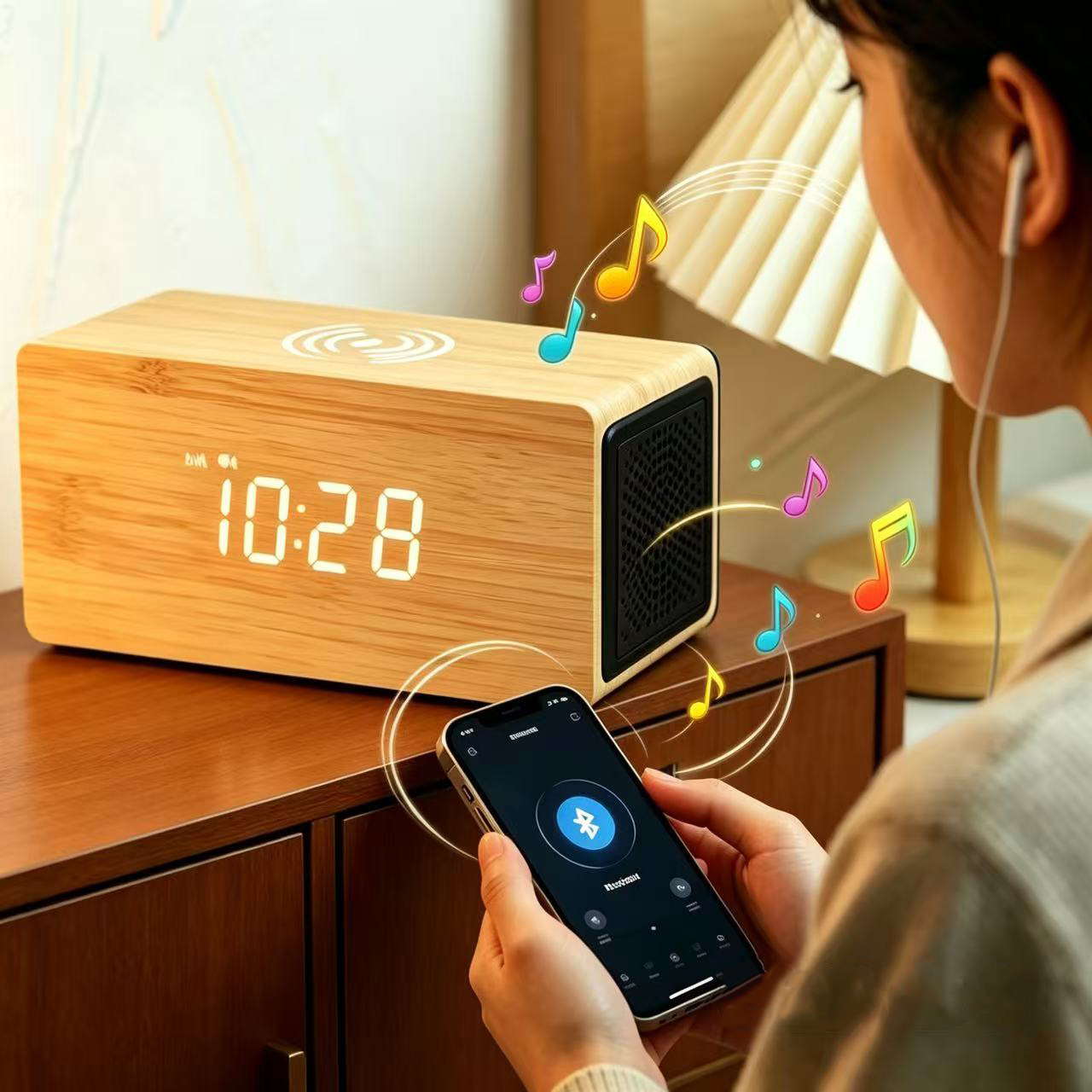 15W Bamboo Bluetooth Speaker Phone Wireless Fast Charging Office Desk Wooden Alarm Clock Multifunctional Silent Clock