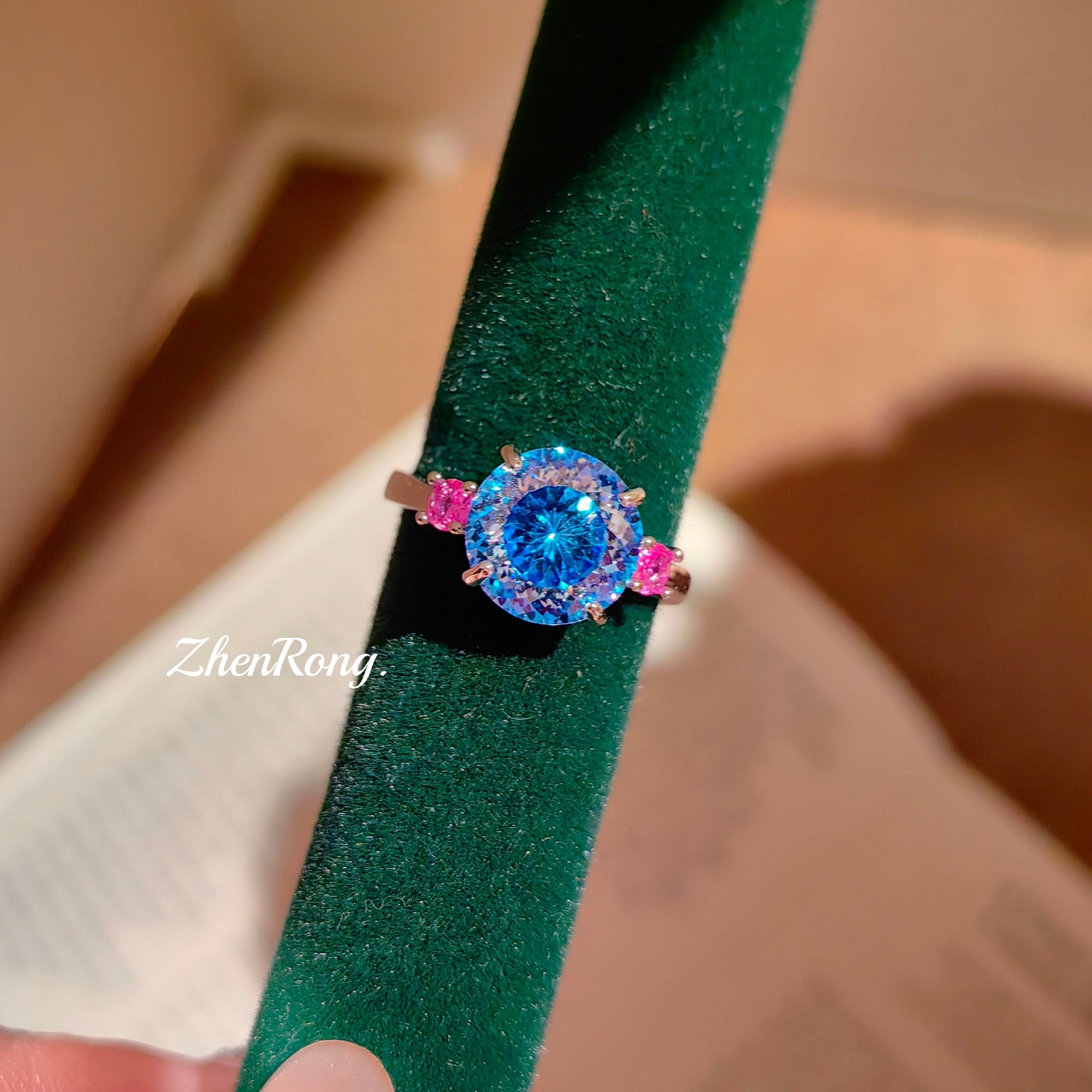 炫彩 pink diamond color gem set brilliant fire cut Paraiba pendant open ring Tanzanite blue earrings women copper