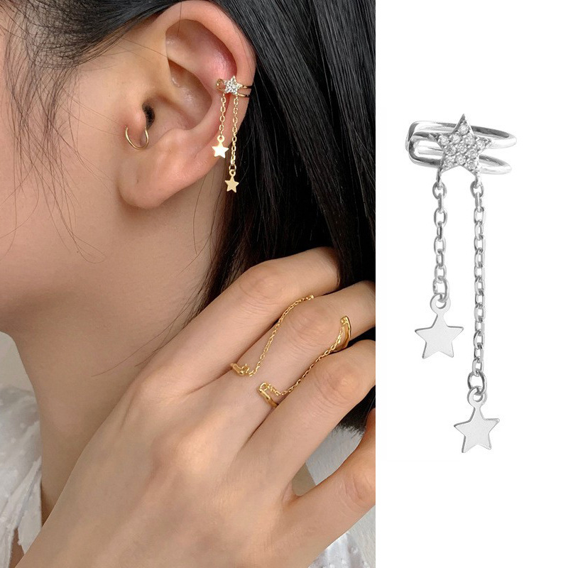 Bow Ear Clip No Piercing Chanel Style Earring Face Slimming Zircon Long Tassel Ear Cuff for Women