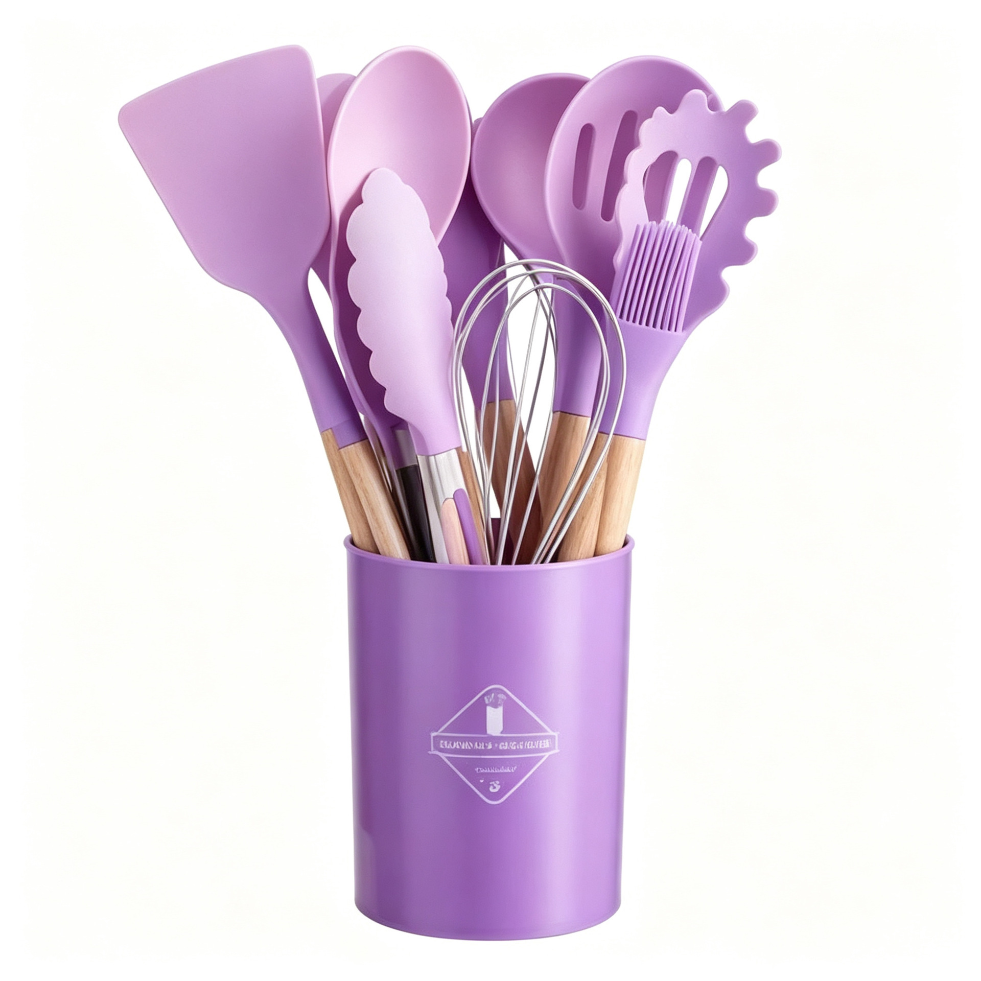 Wooden Handle Silicone Kitchen Utensils 12-Piece Set Non-Stick Pan Spatula Skimmer Ladle Cooking Tool Set