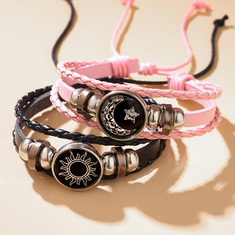 Sun and Moon Lovers Time Leather Bracelet Punk Multi-layer Beaded Woven Bracelet Couple Gift