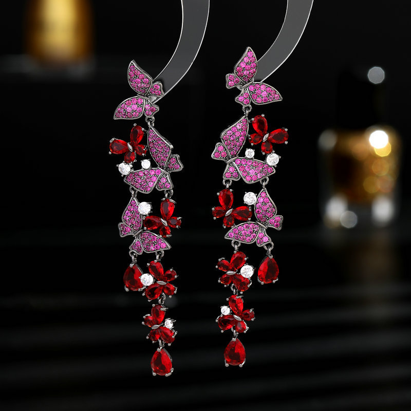 s925 Silver Needle Super Fairy Zircon Inlaid Face-Shaping Earrings Long Tassel Flying Butterfly Earrings