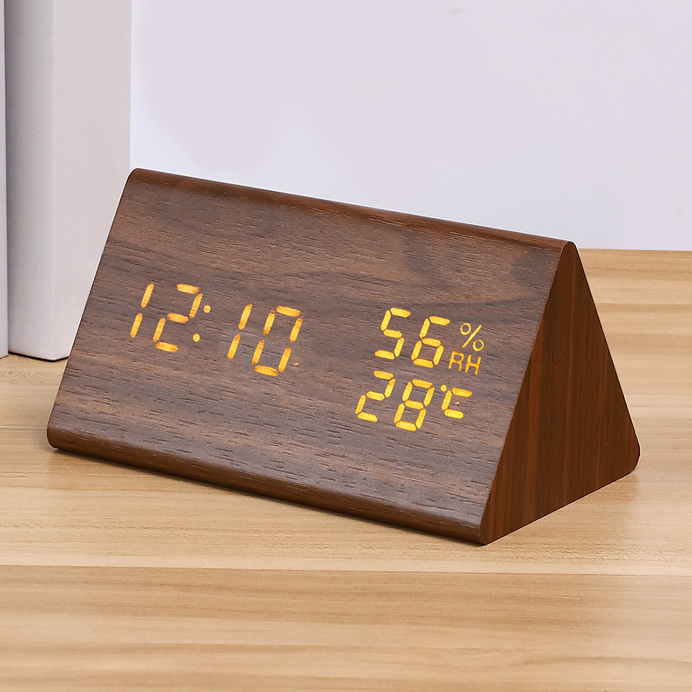 Antique Silent Triangular Wooden Clock LED Wooden Clock Electronic Thermometer Clock Smart Digital Alarm Clock