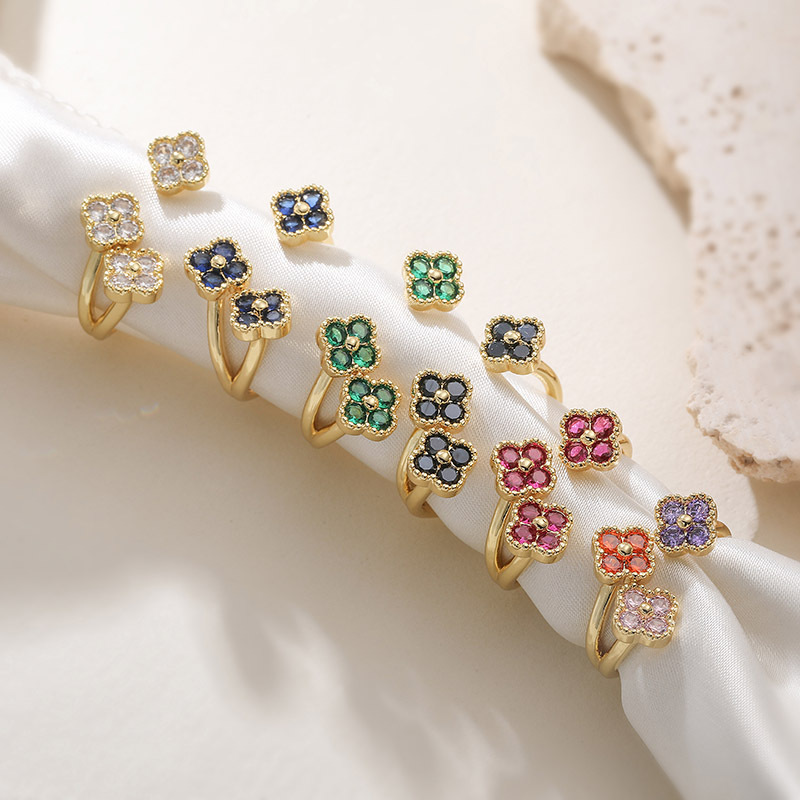 Copper Inlaid Colorful Diamond Lucky Four-Leaf Clover Ring, Exquisite Super Shiny Flower Petals Open Adjustable Ring