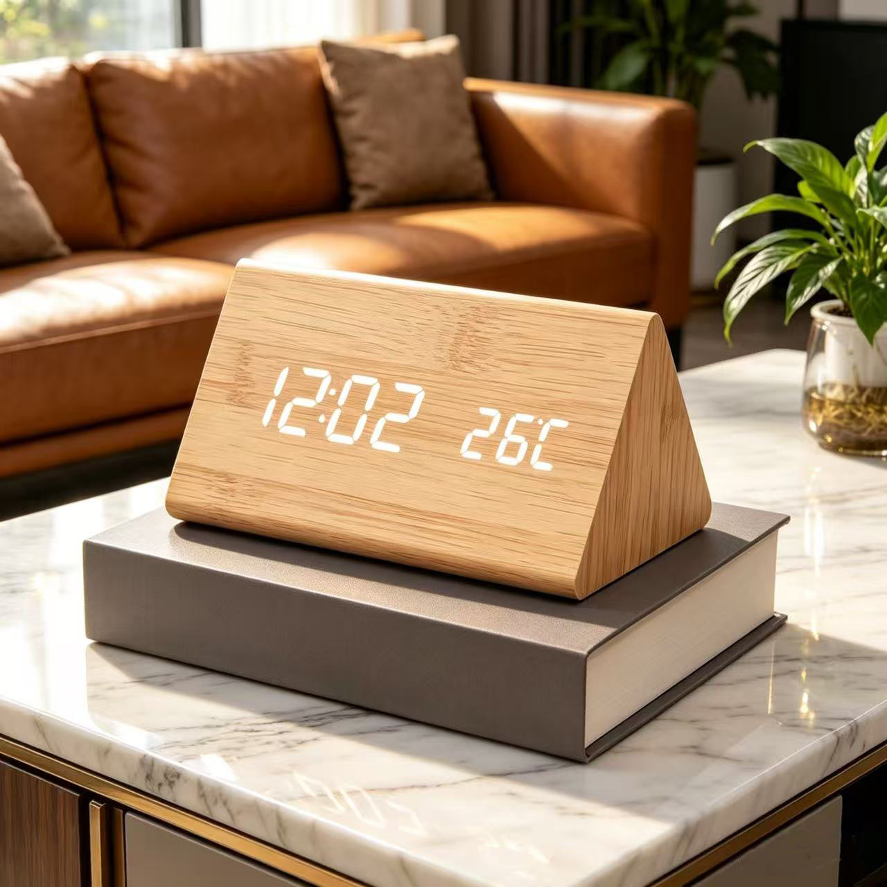 Silent wake-up triangular wooden clock, LED wooden clock, electronic thermometer, desktop digital alarm clock