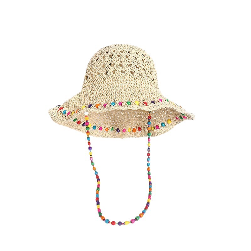 Colorful Beaded Straw Fisherman Hat, Summer Beach Vacation Sun Protection Straw Hat, Foldable Hat