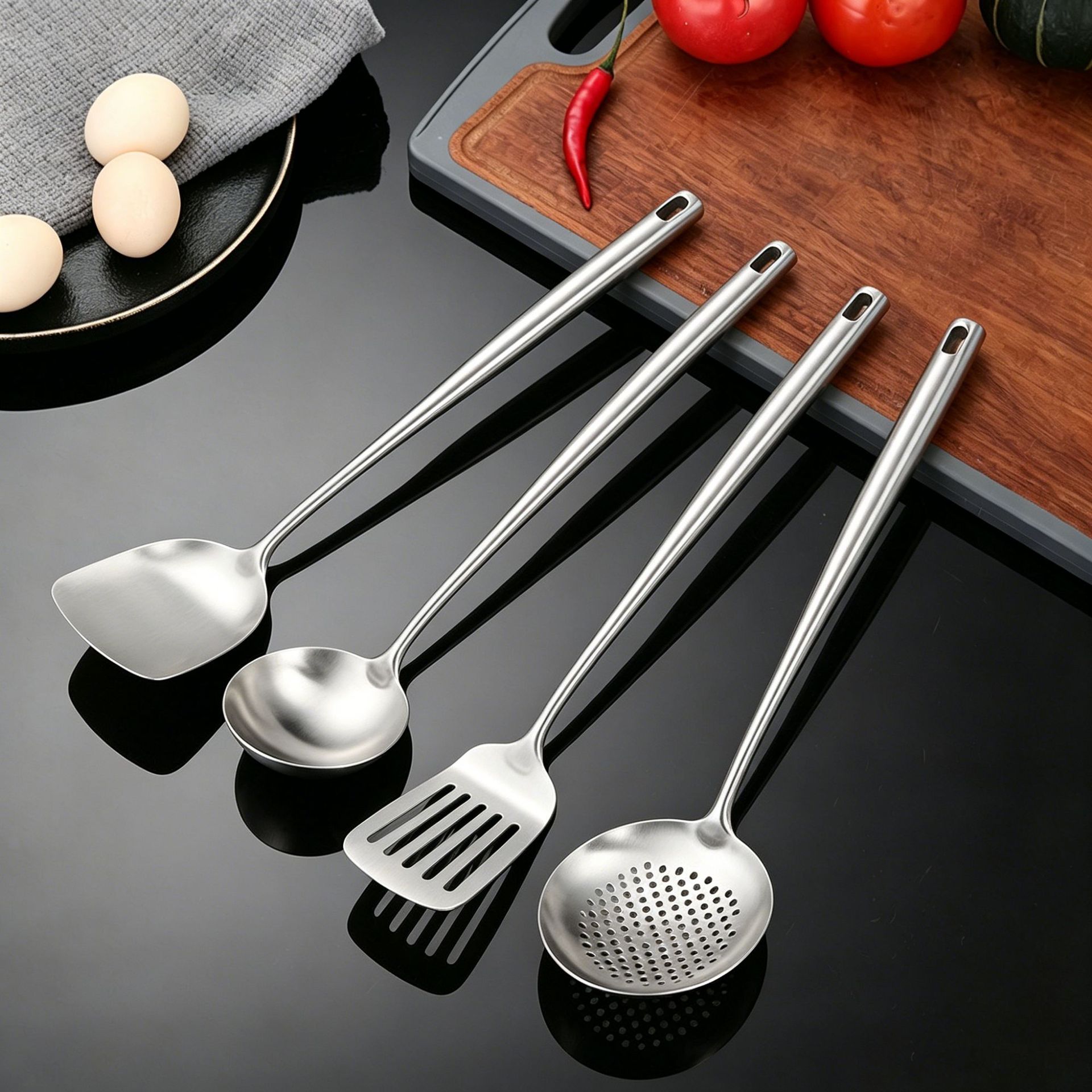 Stainless Steel Kitchen Utensils Thickened Spatula Frying Spoon All Steel Slotted Spoon Frying Spatula Chef Kitchen Anti-Scald Soup Spoon Non-Stick Pan