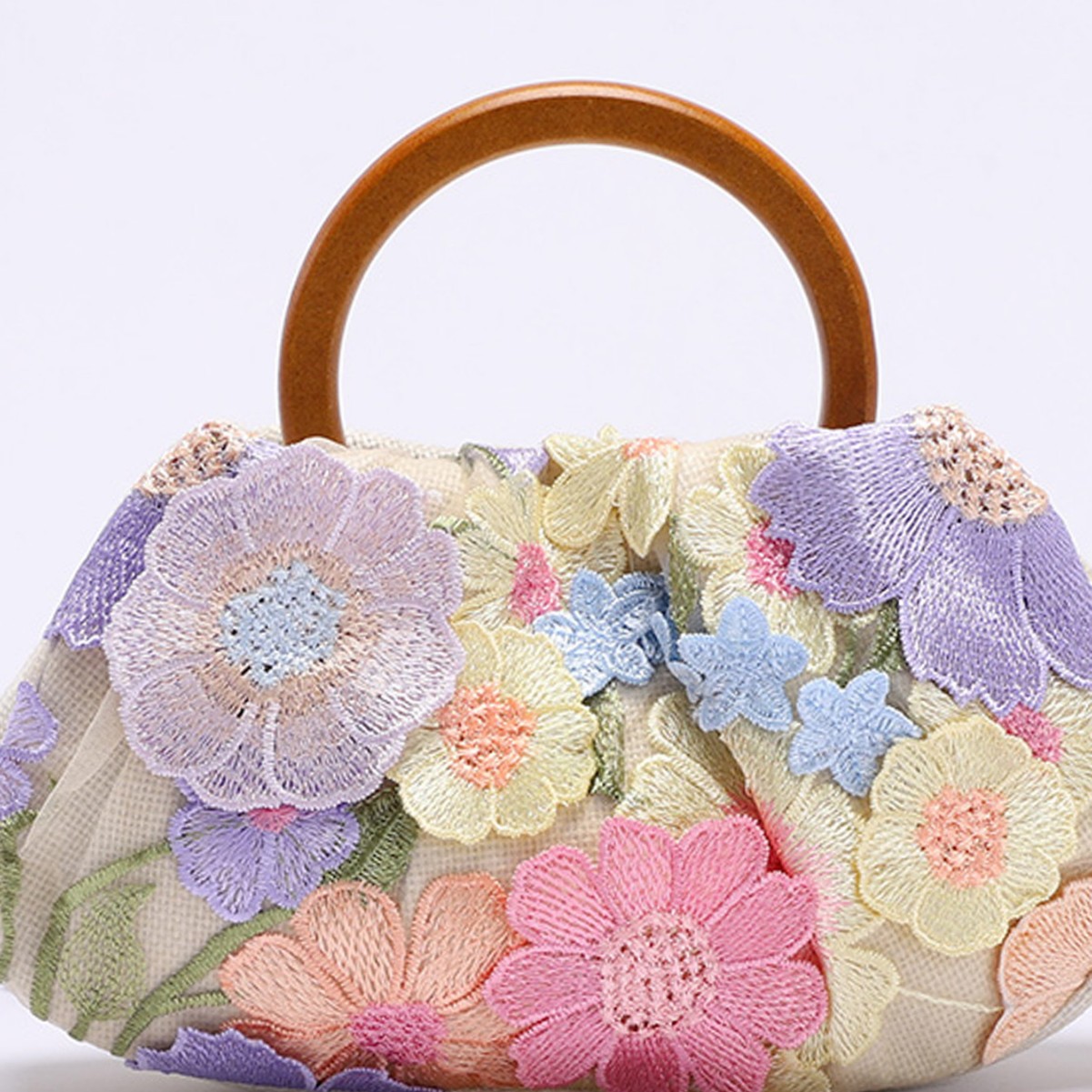 Round Ring Wooden Handle Bag Bamboo Knot Bag Applique Embroidery Vacation Style Women's Handbag Pearl Sequins Evening Bag