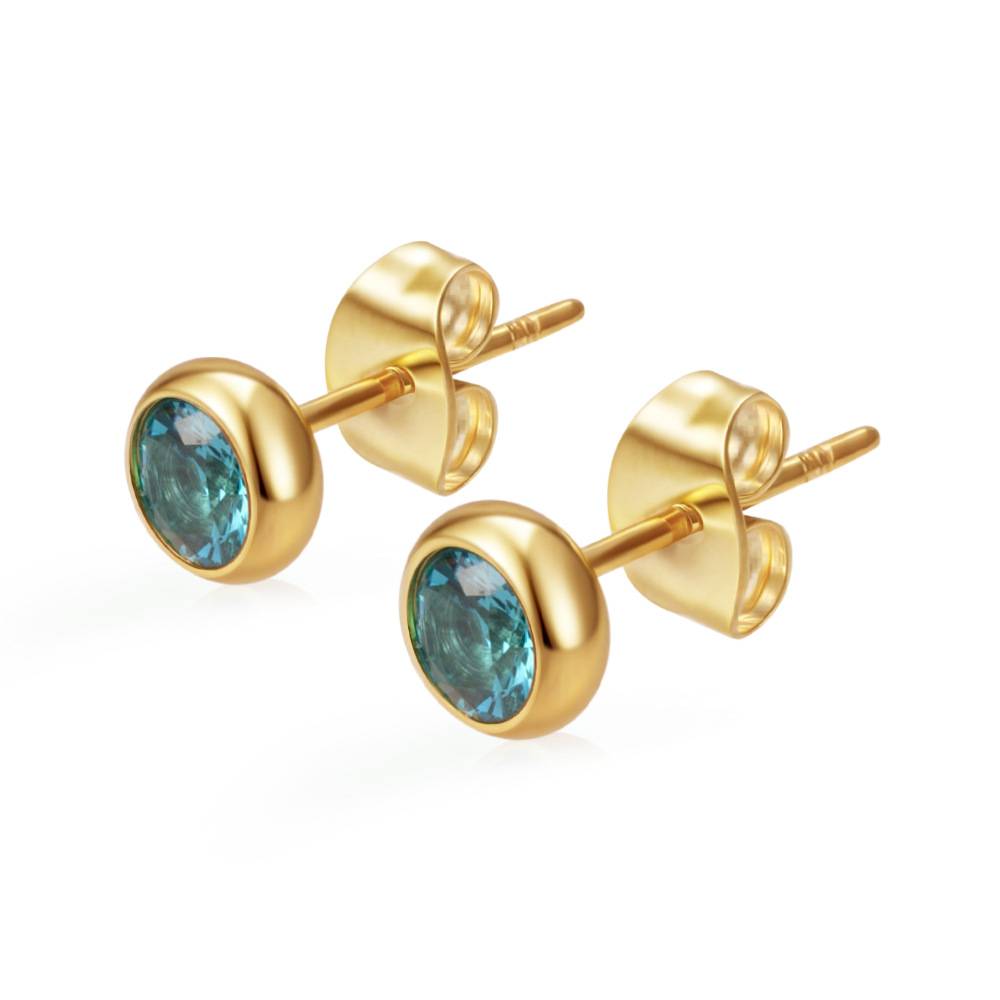 Exclusive round stainless steel zircon stud earrings for women, multi-color ear accessories, PVD 18K real gold ear