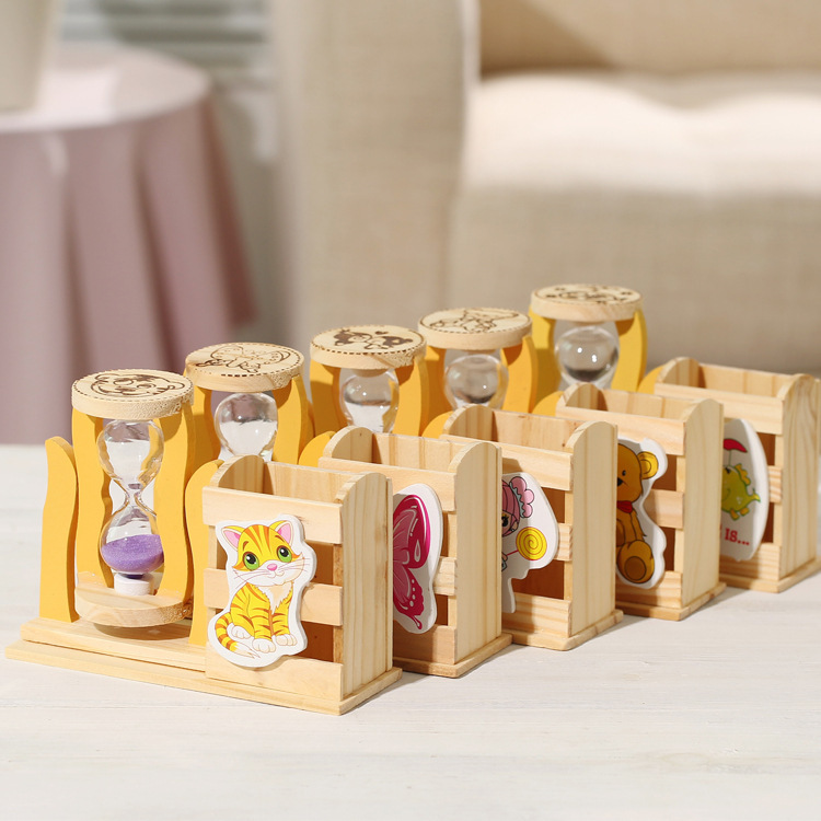 Three Flowing Sand Pen Holders Hourglass Wooden Pen Holder Combination Ornament Student Stationery Gift Stationery Store