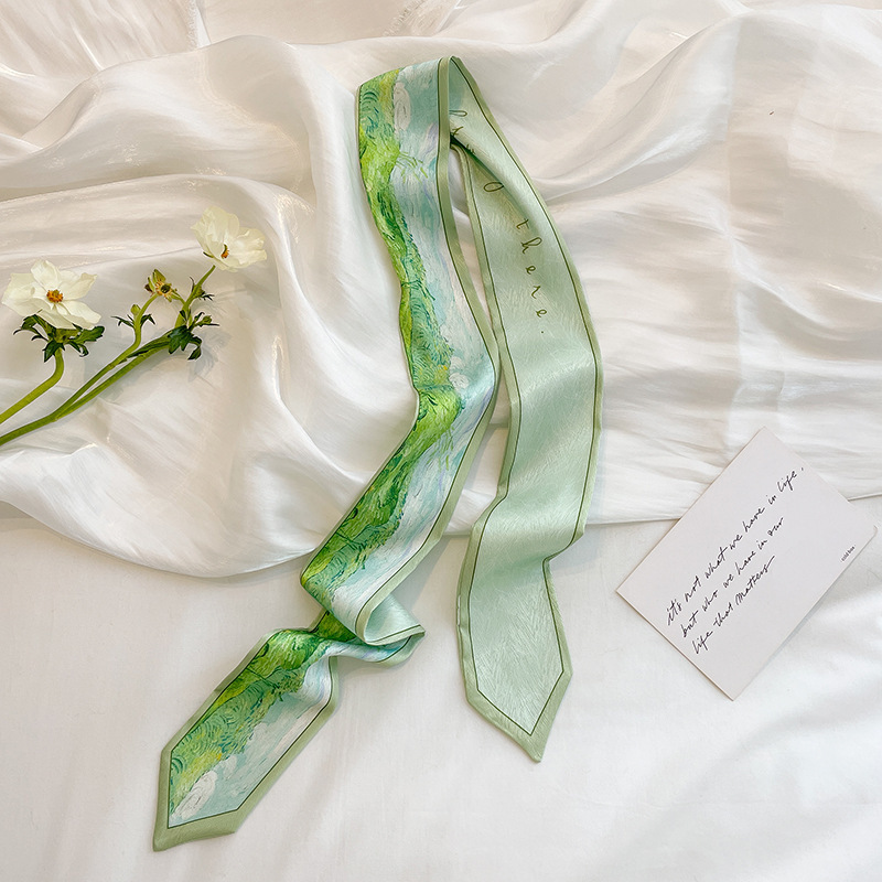 Spring and summer thin narrow ribbon, bag oil painting style small ribbon long scarf, belt, hairband