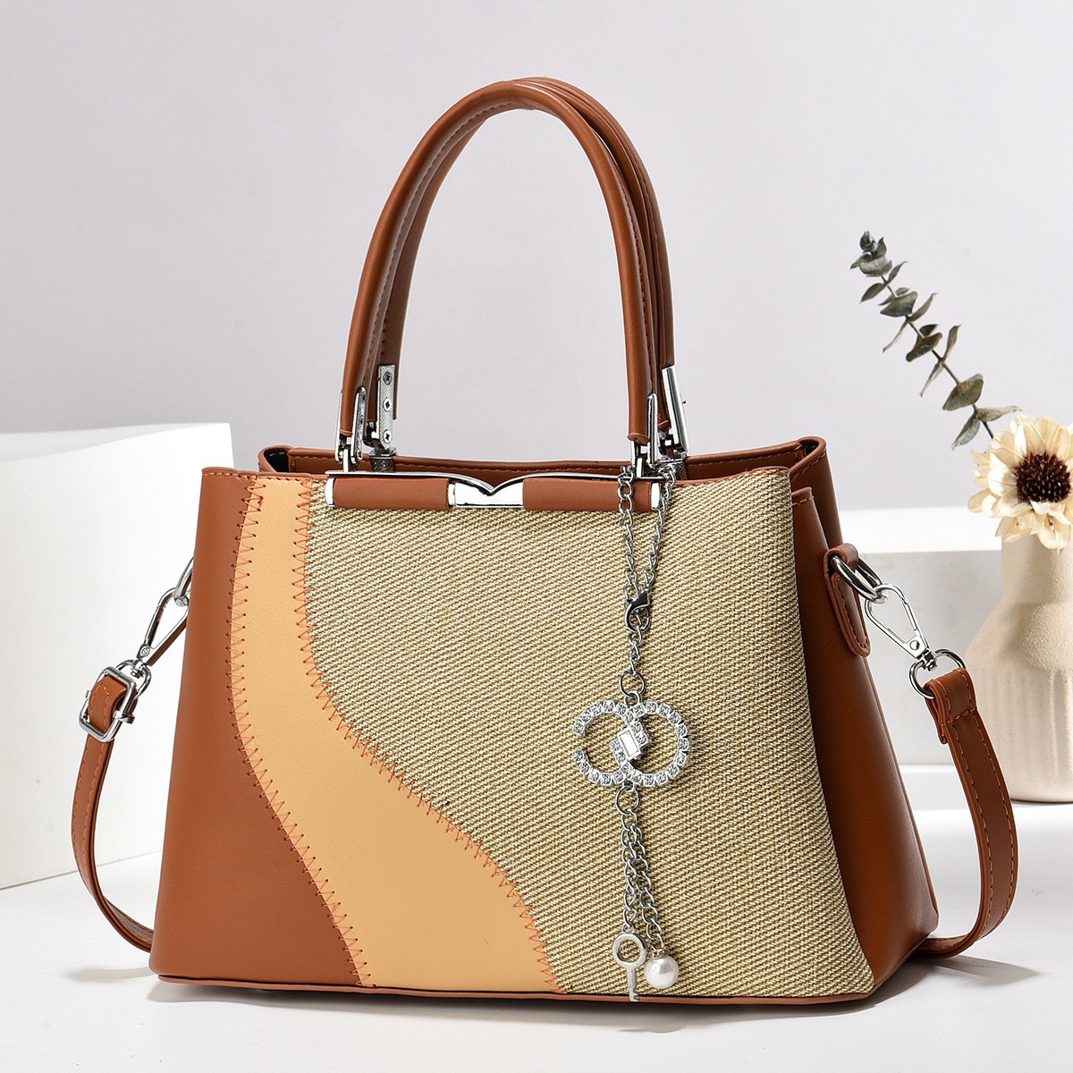 Women's Bag Simple Patchwork Bag Large Capacity Textured Single Shoulder Crossbody Handheld Bag Casual