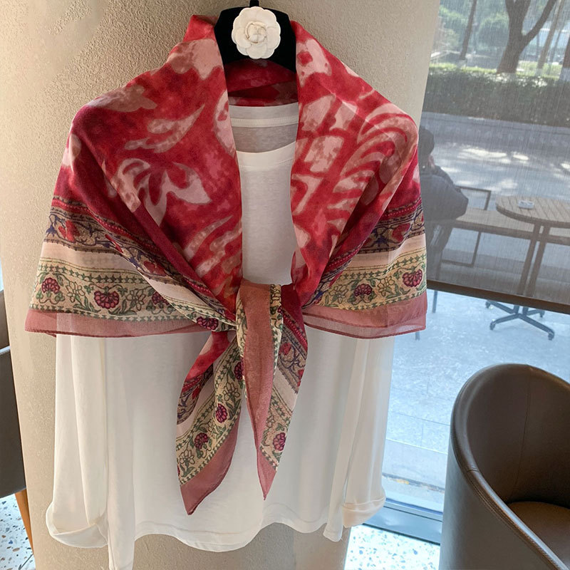 【110*110 versatile sunscreen shawl】printed square scarf for women, summer silk-cotton scarf
