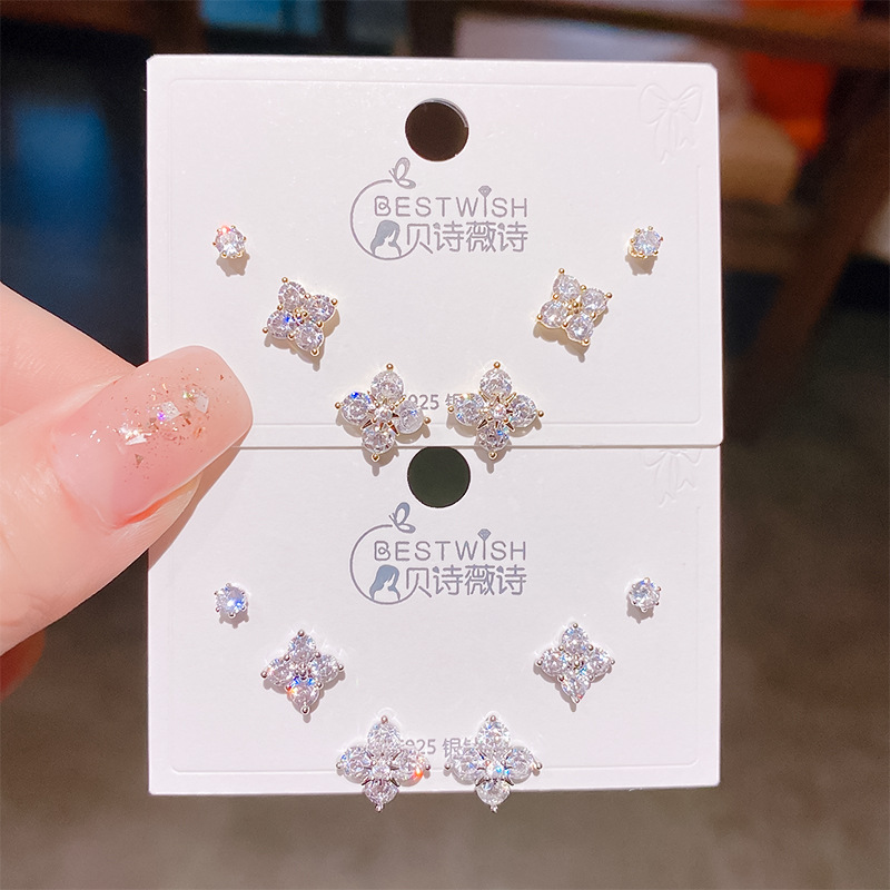 Exquisite heavy work four-leaf flower zircon earrings three pairs, women's silver needle earring accessories 6-piece set