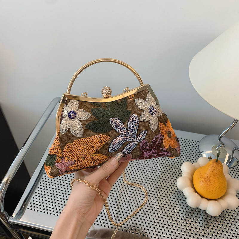 Women's Bag New Linen Bag Heavy Sequins Mesh Splicing Embroidery Clutch Evening Bag Elegant Handbag