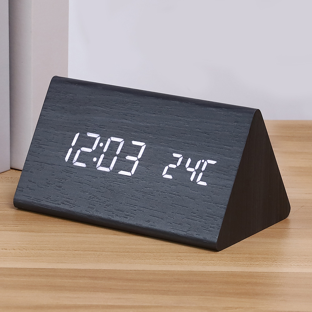Digital LED wooden clock, temperature, calendar, quiet bedroom student alarm clock, triangular desk clock
