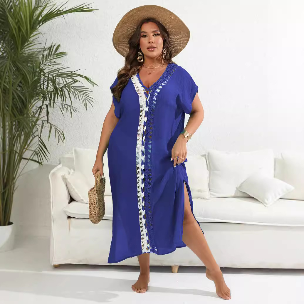 Vacation Beach Cover-Up Plus Size Women's Hand-Crocheted Contrast Color Deep V Split Dress 200250