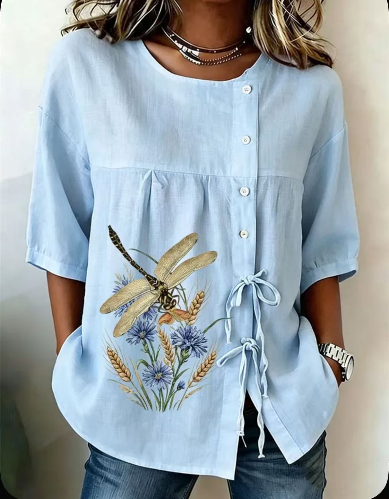 2026 New Style Printed Dandelion Loose Short Sleeve Blouse Women Tie Casual Top