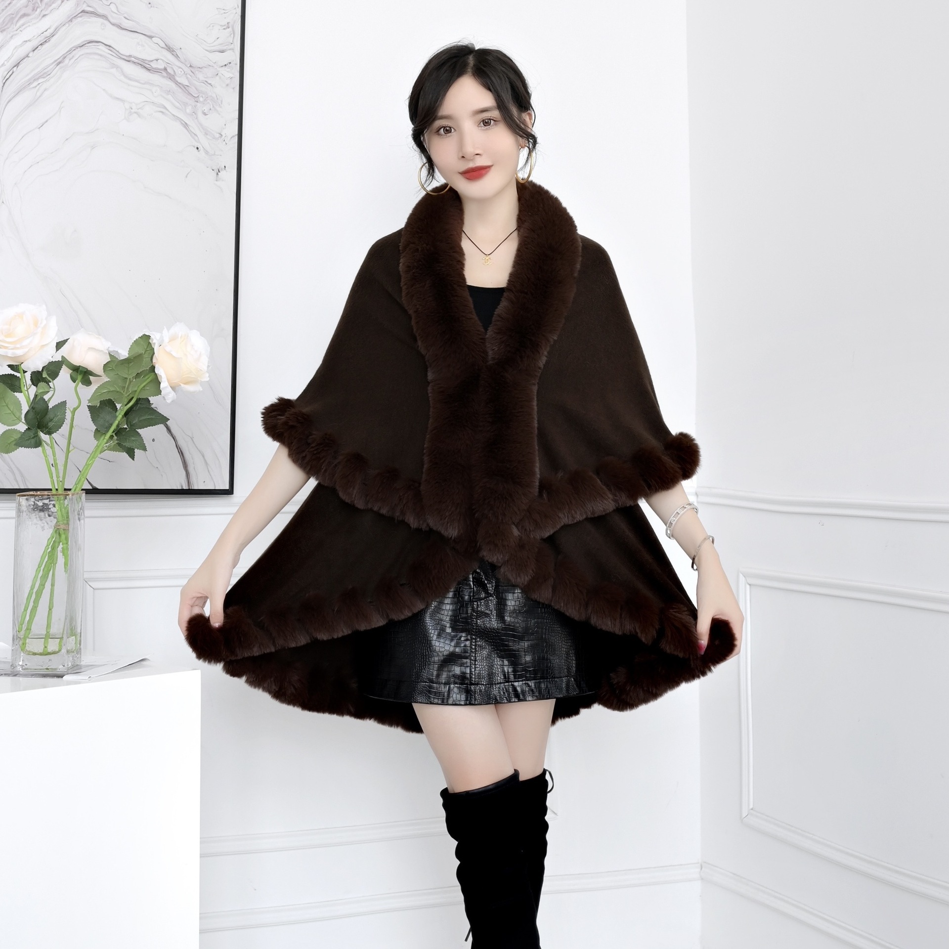 Live Supply Autumn Winter New Imitation Rex Rabbit Fur Collar Cape Shawl Plus Size Knitted Cardigan Loose Coat Women