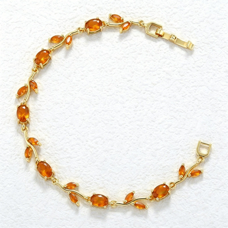 Copper Inlaid Colorful Diamond Branch and Petal Bracelet Leaf Tulip Layered Hand Jewelry